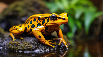 Golden Poison Dart Frog in Rainforest: A vibrant golden poison dart frog amidst the lush colors of a tropical rainforest.