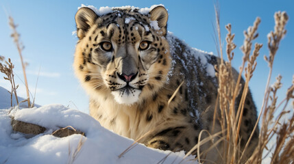 Fototapeta premium Snow Leopard Gazing into the Abyss: A snow leopard perched on a cliff, gazing into the vastness of its high-altitude habitat.
