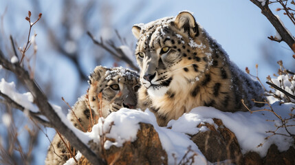 Fototapeta premium Snow Leopard Gazing into the Abyss: A snow leopard perched on a cliff, gazing into the vastness of its high-altitude habitat.