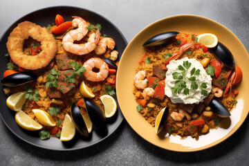 Spanish cuisine. Spanish paella with shrimps, musselspus and vegetables. Seafood paella with prawns, mussels and tomatoes. Generative AI