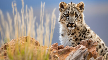 Obraz premium Snow Leopard Gazing into the Abyss: A snow leopard perched on a cliff, gazing into the vastness of its high-altitude habitat.