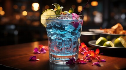 Close-up of stylish exotic pink-blue cocktail with ice and lemon on the bar counter. Generative AI
