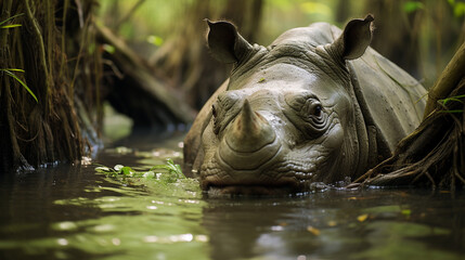 Javan Rhino in Swampy Habitat: A Javan rhinoceros navigating through its swampy habitat, underscoring the importance of preserving diverse ecosystems.