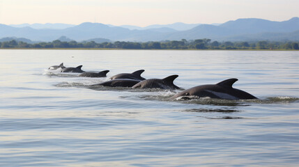 Fototapeta premium Irrawaddy Dolphin Pod in River: An Irrawaddy dolphin pod swimming together in a river, showcasing the beauty of these aquatic mammals in their natural habitat.