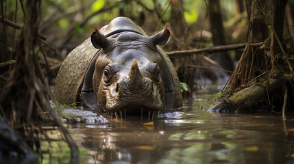 Javan Rhino in Swampy Habitat: A Javan rhinoceros navigating through its swampy habitat, underscoring the importance of preserving diverse ecosystems.