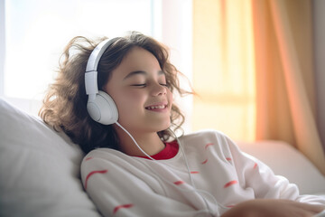 Young Girl Immersed in Music. Preteen girl lies on bed, captivated by music through her headphones.