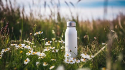 White stainless thermo bottle standing in gras, copy space, 16:9