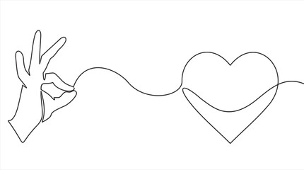 One continuous line drawing of hands holding heart. Concept of love relationship and volunteer organisation symbol in simple linear style. Editable stroke. Doodle Vector illustration