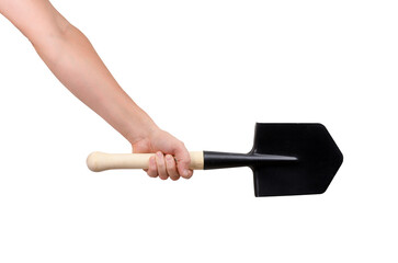 A hand holds a sapper shovel on a white background.