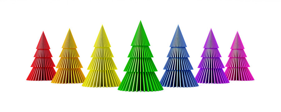 Rainbow colors Christmas trees in row on white background 3d render 3d illustration