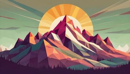 a mountain with a sunset in the background, symmetrical illustration, low polygons illustration.