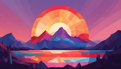 Fototapeta na wymiar a mountain with a sunset in the background, symmetrical illustration, low polygons illustration.