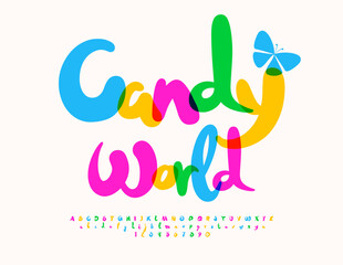 Vector watercolor banner Candy World. Bright Creative Font. Funny set of Alphabet Letters, Numbers and Symbols