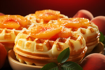 soft waffles with peach and syrup on a pink background. sweet dessert.