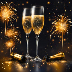 Golden background with golden champagne glasses with fireworks