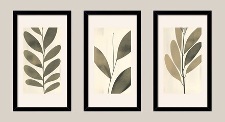 Set of minimalist botanical composition with leaves abstract collage, Generative AI 