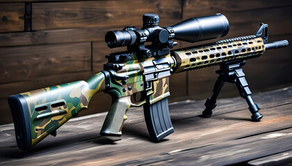 A modern carbine with an optical sight and a silencer. Weapons in camouflage coloring. Old wooden back