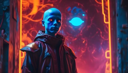 A portrait of An alien creature, His face blue with a Bald head and menacing look wearing a dark red jacket, digital art, beautiful avatar pictures, cinematic shot epic portraits.