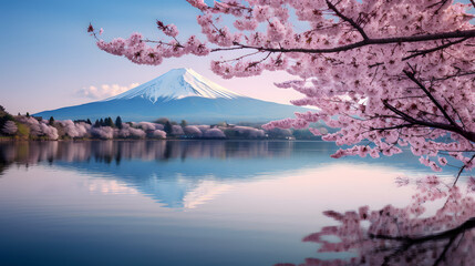 Mount Fuji mountain with cherry blossom in the foreground