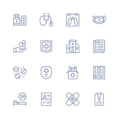 Medical line icon set on transparent background with editable stroke. Containing medicine, pills, bed, stethoscope, medical, medical insurance, medical history, medical mask, medical checkup, medical.