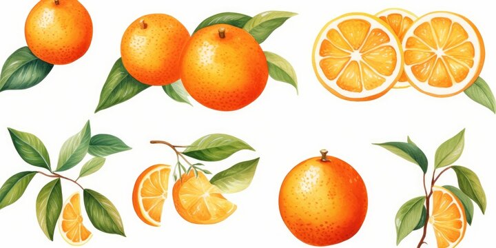 Mandarin fruits, flowers, leaves watercolor illustration. Set of whole, cut in half, sliced on pieces fresh mandarins, twisted peel isolated on white. Vibrant juicy ripe citrus collection,GenerativeAI