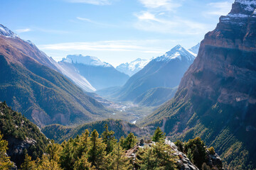 Evergreen forests blanket the slopes leading up to the snowy mountains of the Himalayas