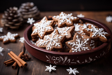 Fototapeta premium Christmas gingerbread cookies. Warm and cozy vibes: a plate of freshly baked gingerbread cookies, perfect for the holiday season