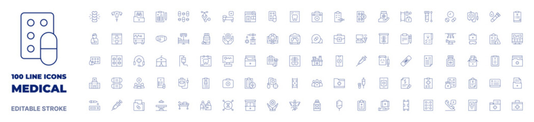 100 icons Medical collection. Thin line icon. Editable stroke. Medical icons for web and mobile app. - obrazy, fototapety, plakaty