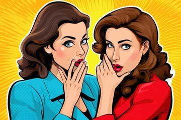 Woman whispering gossip or secret to her friend. Colorful illustration in pop art retro comic style, Generative AI 