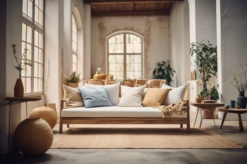Stylish interior of a country house, a living room and a sofa, made of natural materials, design decoration