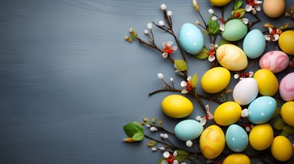 Top down view of yellow and blue Easter eggs and flowers on grey background