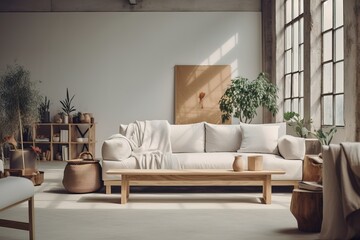 Stylish interior of a country house living room and sofa, made of natural materials design decoration sun rays of light