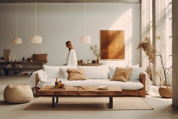 Fototapeta na wymiar Stylish interior of a country house living room and sofa made of natural materials