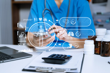 Medicine doctor using digital tablet and smartphone diagnose virtual electronic medical record on interface.Digital healthcare and network on virtual screen . - obrazy, fototapety, plakaty