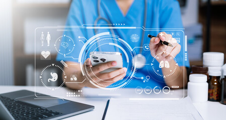 Medicine doctor using digital tablet and smartphone diagnose virtual electronic medical record on...