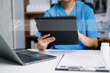 Search bar of internet browser and doctor working on modern laptop at table. business web bar banner, business and technology