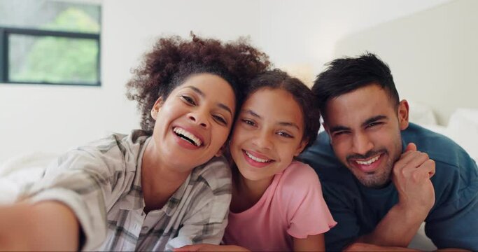 Face, smile and family selfie in bedroom, love and care, bonding and relax together in the morning. Photo portrait, mother and father, kid or girl in bed take profile picture for happy memory in home
