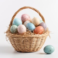 Naklejka na ściany i meble Easter basket filled with hand painted pastel Easter Eggs over a white background
