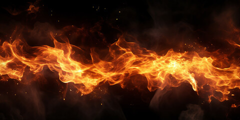 Fototapeta na wymiar Abstract fire flame and particles on black background. Wide template or banner, creative design with copyspace