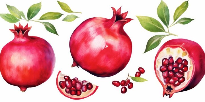 Set pomegranates on a white background. Hand drawn watercolor illustration, Generative AI