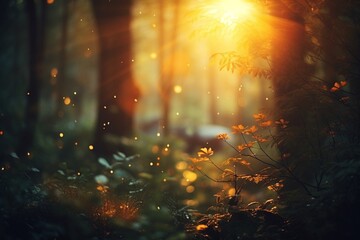A serene sunset casting warm hues through a lush forest, creating a mesmerizing bokeh background.