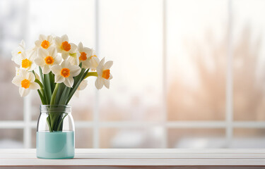 colorful narcissus flowers in transparent glass vase on white wooden table over blurred window background