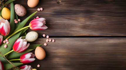 Obraz na płótnie Canvas Easter eggs and tulips, copy space