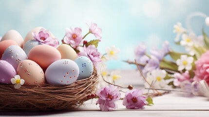 Beautiful pastel color Easter eggs and flowers in a basket with copy space. Colorful spring theme...