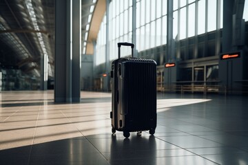 A sleek, black suitcase standing alone in a modern airport terminal, bathed in natural sunlight.