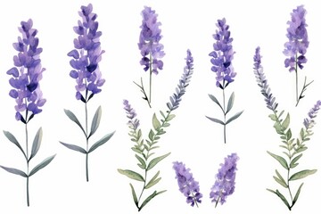 Watercolor purple lavender flowers and leaves collection. illustration, Generative AI