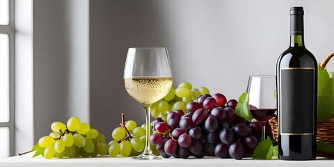 Red wine bottle with wine grapes isolated on white background.