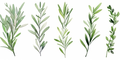 Set of watercolor green leaves rosemary. Collection botanical isolated on white background suitable for Wedding Invitation, save the date, thank you or greeting card, Generative AI - obrazy, fototapety, plakaty