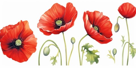 Watercolor poppy flowers. Red poppies. Hand painted floral illustration, Generative AI