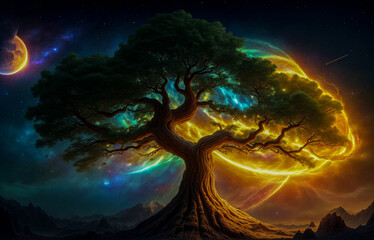 greenery oak tree powerful tree crown moon stars space